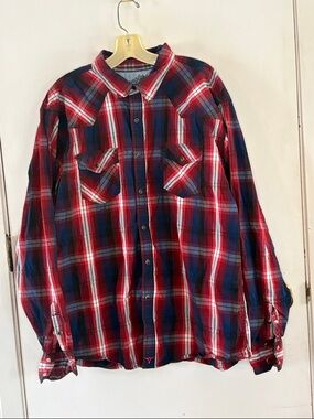 Wrangler 20X navy red plaid long sleeve button down western shirt Size XXL